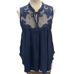 Free People Western Romance Ilusion Yoke Top Navy Sleeveless Boho Tunic Medium